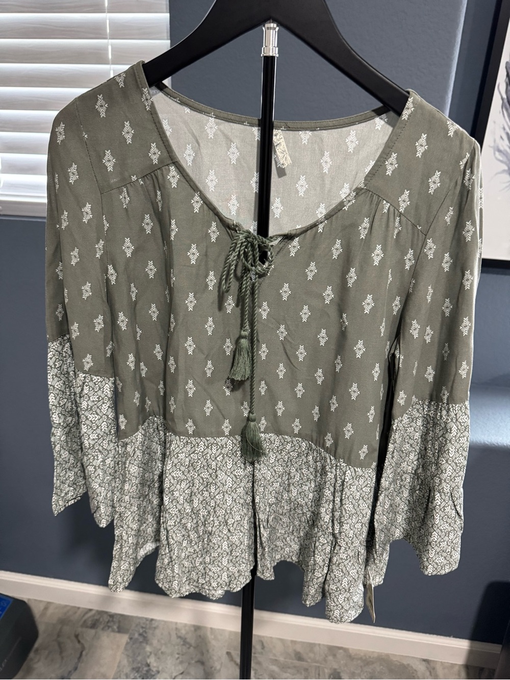 Mudd Olive Green Printed Tassel Tie Boho Tunic